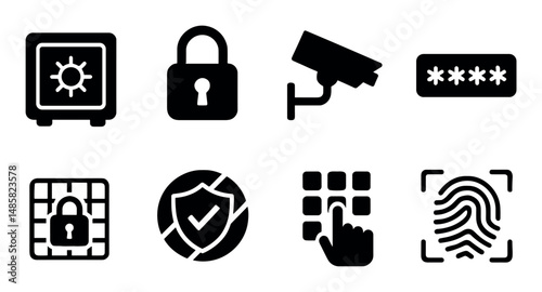 Security icons: safe, lock, camera, password, biometric symbols
