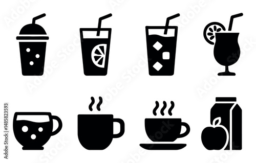 Monochrome beverage icons: juice, coffee, soda, tea, milk