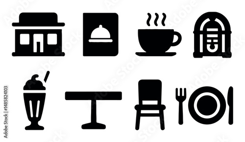 Retro diner icons: food, drink, jukebox, furniture, menu