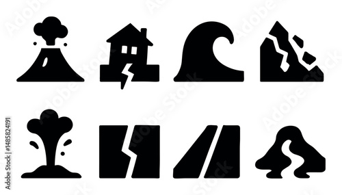 Natural disaster icons: volcano, earthquake, tsunami, landslide