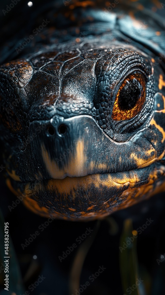 Obraz premium Close-up view of a turtle's face, showcasing intricate patterns and textures