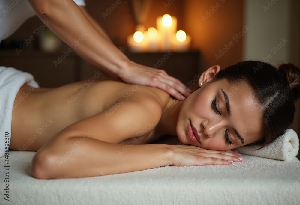 Obraz premium A woman lying on a massage table, receiving a massage in a spa with blur candles and wooden walls background.