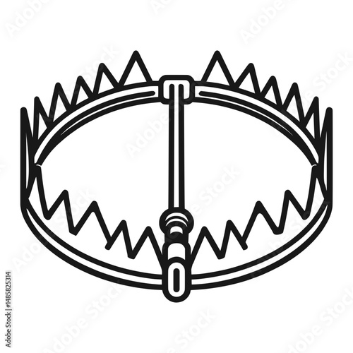 Minimalist vector bear trap shown open with sharp symmetrical teeth for danger illustration. Safety and warning concept