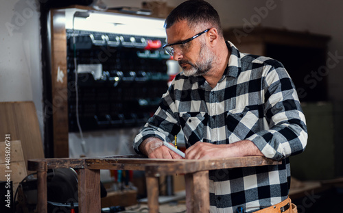 Carpenter standing in his workshop restoring old piece of furniture.