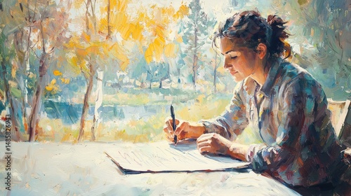 Grant writer drafting funding proposal, clean workspace