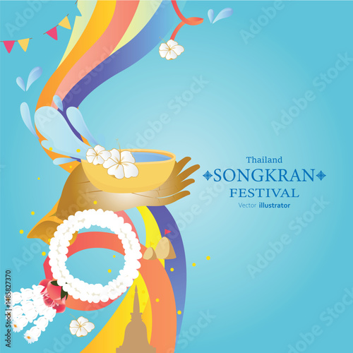 Songkran water festival travel thailand, flowers in a water bowl water splashing and jasmine garland vector illustration background