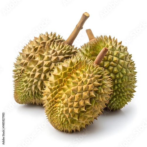 Three whole durian fruits with pointed thorns and short stems on white