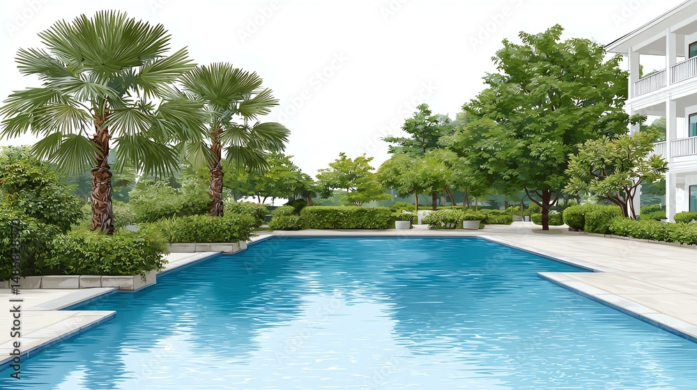 Fototapeta premium Serene Poolside Trees and Building View