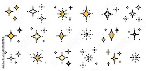 Set of pixel art star shapes in trendy retro style. Trendy Y2K vector signs for banners, social media, poster design. Brutalist geometric shapes. Retro futuristic sparkle icons in 8 bit style