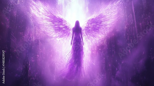 Silhouetted figure with glowing purple wings floating upward in a radiant mystical environment surrounded by ethereal light and dark structures
