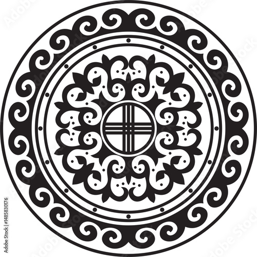 Vector black monochrome round Kazakh national ornament. Ethnic pattern of the peoples of the Great Steppe, 
Mongols, Kyrgyz, Kalmyks, Buryats. circle, frame border.
