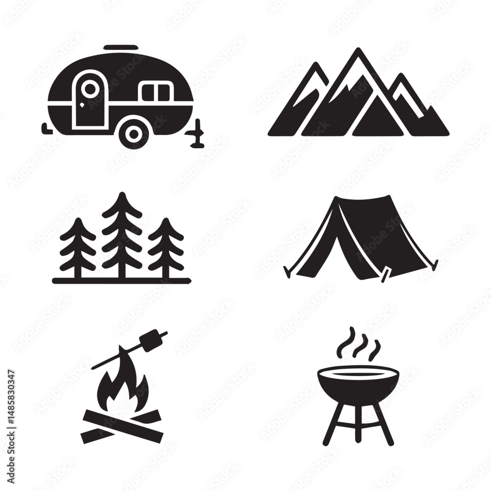 Fototapeta premium Minimalist Camping Icons in Black Silhouette Style.