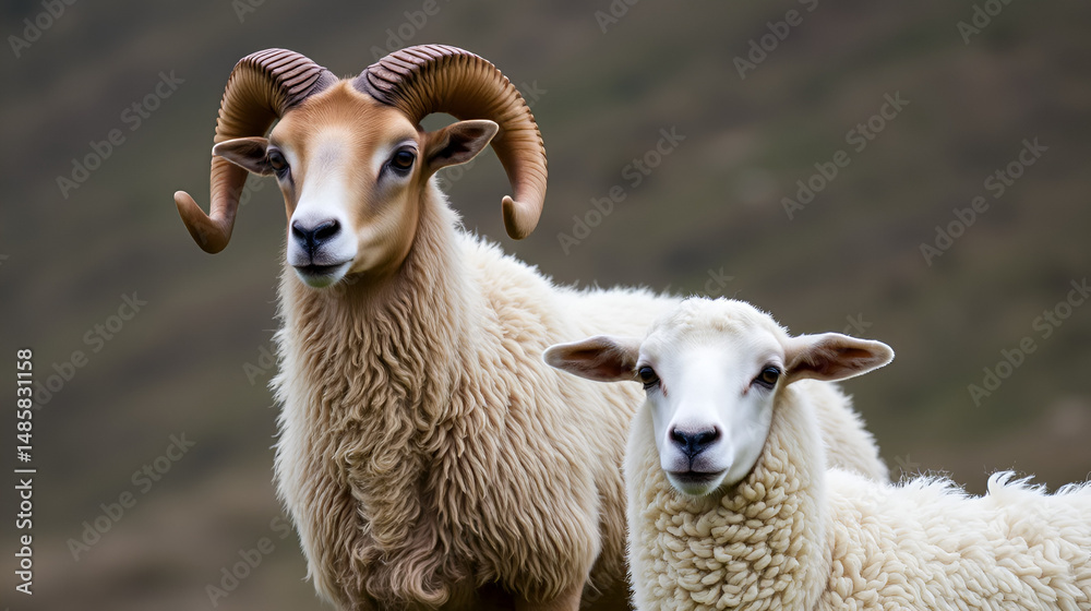 Fototapeta premium ram in mating season next to receptive female sheep