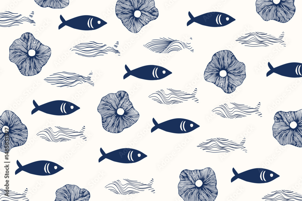 Naklejka premium hand drawn fish and jellyfish pattern background