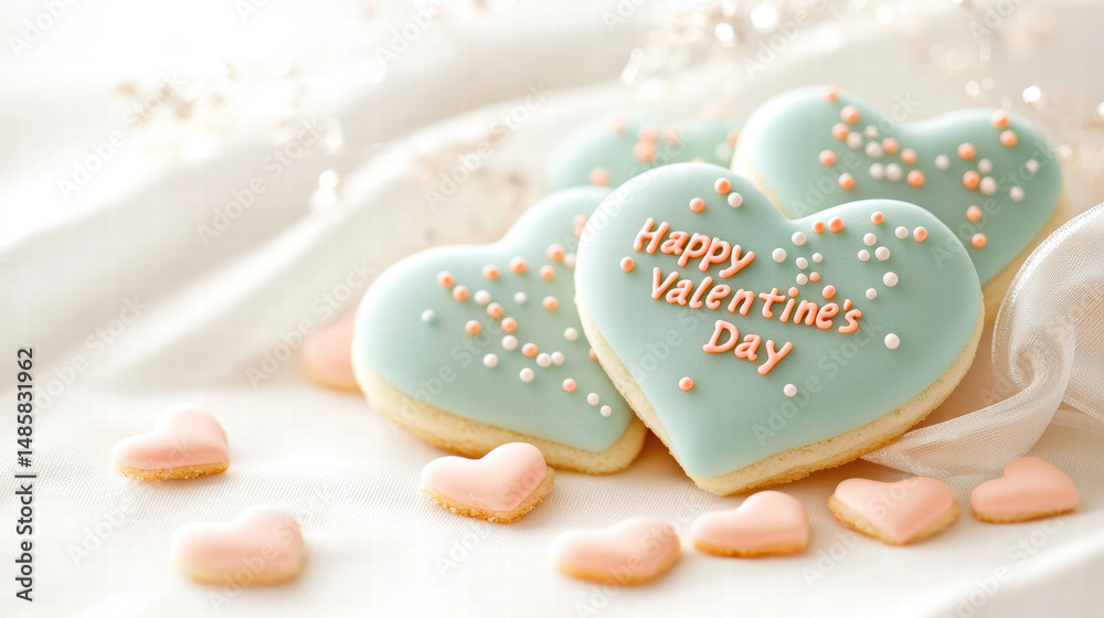 Obraz premium Valentine day heart shaped cookies with pastel icing and sweet decoration for romantic