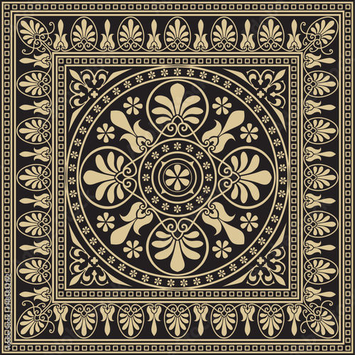 Vector gold and black classic Greek square ornament. Rectangle of Ancient Greece and Roman Empire. Byzantine painting of walls, floors and ceilings. Decoration of European palaces.
