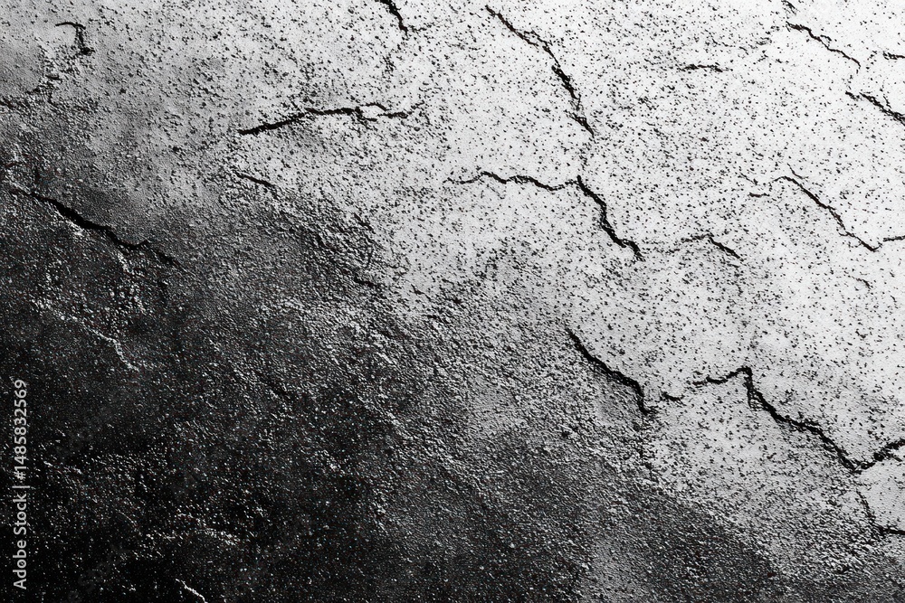 Fototapeta premium Close-up view of a textured surface with cracked and peeling paint showing a gradient from dark to light areas