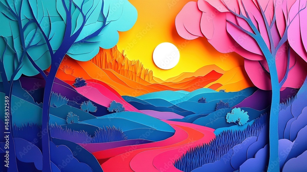 Obraz premium Vibrant layered paper-cut art landscape with dynamic light and shadow effects and backlit design, showing a colorful handcraft style, suitable for educational materials, creative design projects.