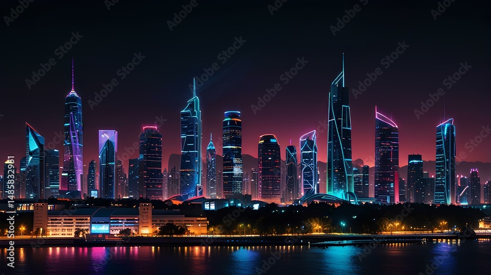 Fototapeta premium A futuristic city skyline at night, illuminated by neon lights 