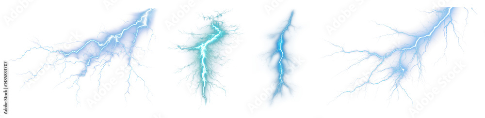 Fototapeta premium PNG Electric blue lightning bolts design, element set on transparent background
