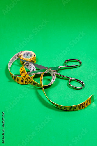 Top view of a tailor's tape measure placed near sharp stainless steel scissors on a light green background.