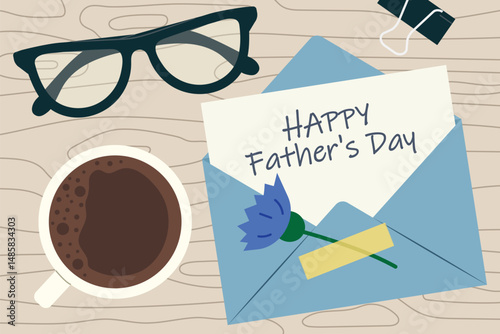 envelope with Happy Father's Day greetings on wooden desk- vector illustration