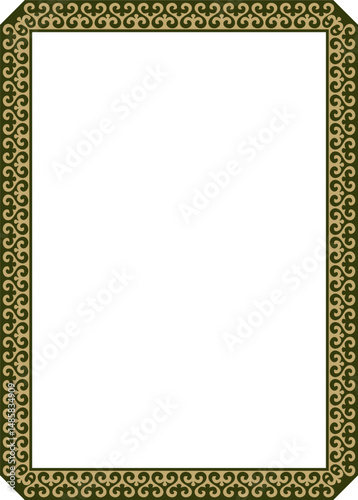 Vector gold with green square Kazakh national ornament. Ethnic pattern of the peoples of the Great Steppe,
