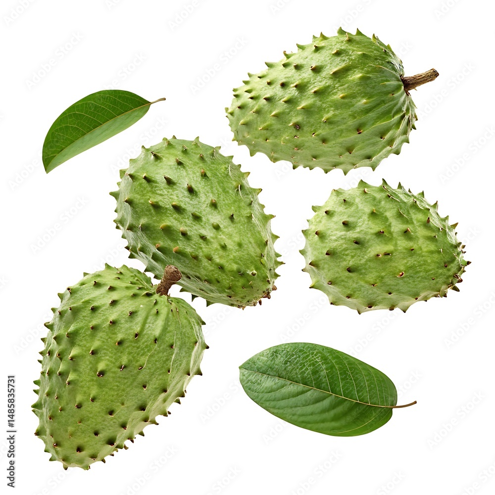 Fresh Soursop Fruits and Leaves Isolated on White Background in High Resolution Fresh Soursop Fruits and Leaves Isolated on White Background in High Resolution
