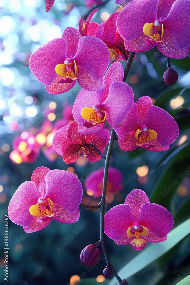Fototapeta premium Close-up of vibrant pink orchids with yellow and red centers on a slender branch against a softly blurred natural background with bokeh light effects