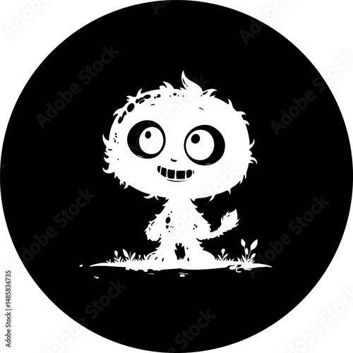 Monochromatic quirky creature silhouette with a playful smile against dark backdrop