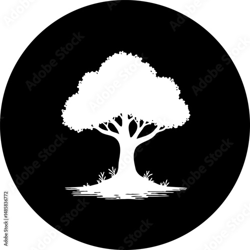 Silhouette of tree on black backdrop showcasing stark contrast and minimalistic style