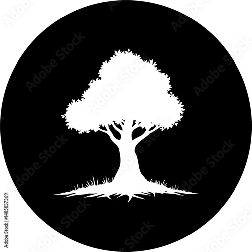 Monochrome tree silhouette on black disc background symbolizing environmental conservation
