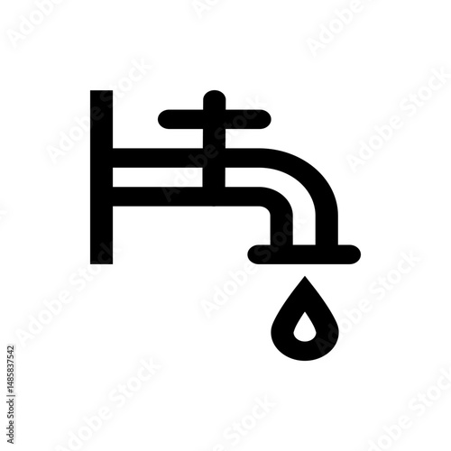 Illustration of a black faucet with a visible handle and a single water drop falling from the spout design is simple