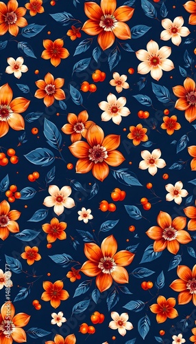 Wallpaper Mural A vibrant floral pattern with orange  and white  hued flowers on a dark blue background, accented by leaves and berries.  Torontodigital.ca