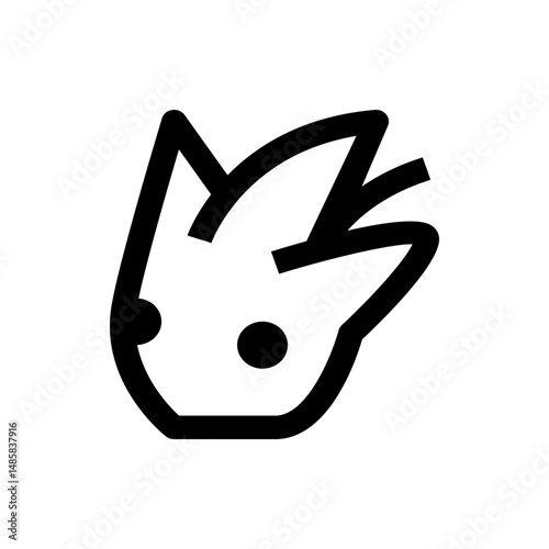 Stylized black outline of a creature head with spiky hair and two circular eyes on a white background