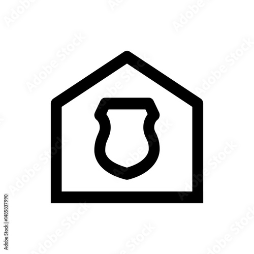 Black outline of a house shape containing a shield inside indicating home security and protection icon