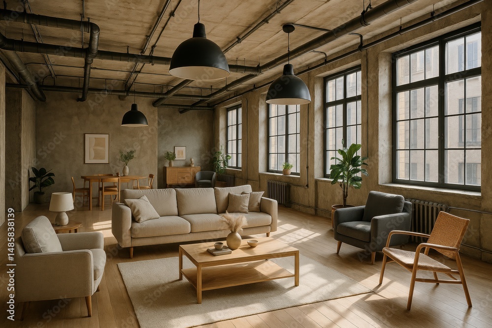 Fototapeta premium Spacious loft living room with Scandinavian decor