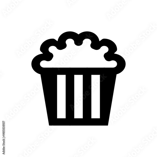 Illustration of a black popcorn bucket filled with popcorn and having three white vertical stripes