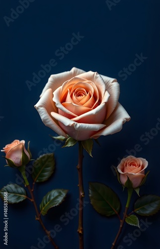 A large peach  colored rose with two buds, set against a dark blue background, surrounded by green leaves. 