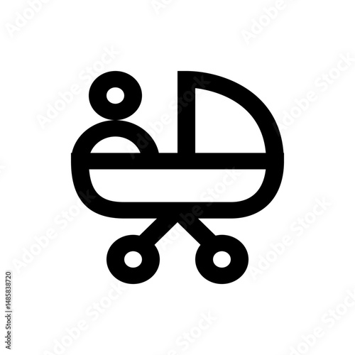Illustration of a baby carriage with a child inside in a simple black line drawing style on white background