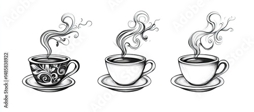 Three stylized coffee cups with swirling steam (2)