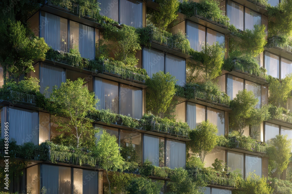Fototapeta premium Vertical Greenery Building Facade with Modular Plant Walls, Modern Eco-Architecture Design with Hanging Flora