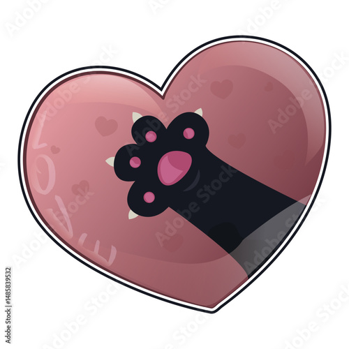 Charm inCute and expressive art with the image of a black cat's paw placed on a glossy heart of delicate pink color. The paw with pink pads and claws symb the soft paws of a furry friend's heart trace