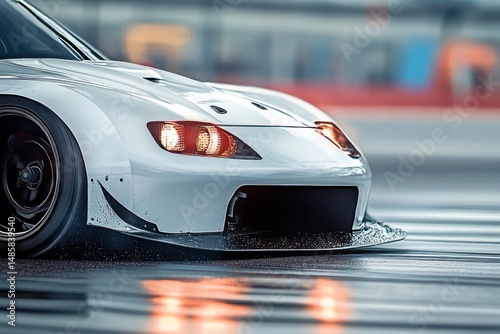 Close-up view of a white sports car drifting on a wet race track with visible water spray and illuminated headlights