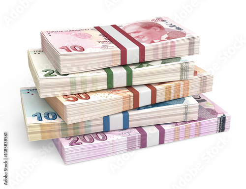 Turkish Lira banknotes piled and banded, Turkey currency