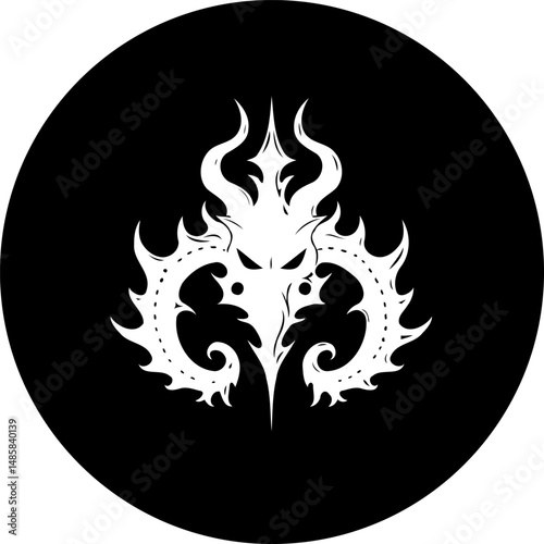 Mystical emblem with fierce eyes, horns, and fractal elements on dark sphere