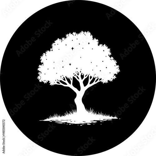 Monochrome Arboraceous Silhouette Against Stark Backdrop in Circular Emblem