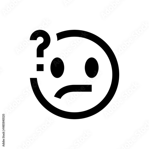 Black and white drawing of a confused face with a question mark above it and a sad mouth expression design