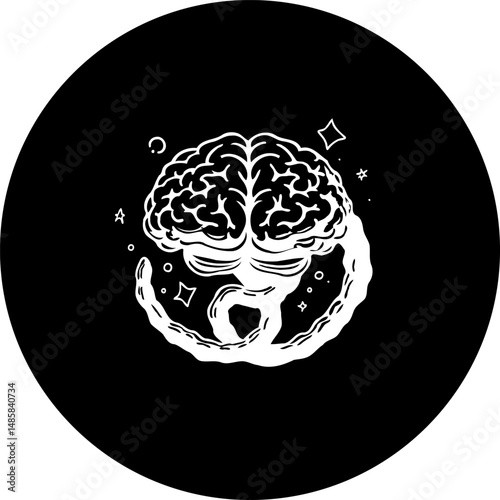 Conceptual brain illustration with surreal orbital elements within a black sphere