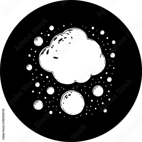 Stylized celestial scene: Cloud formation surrounded by floating spheres in a cosmic void